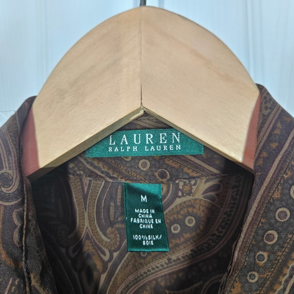 Lauren Ralph Lauren 100% Silk Ruffle Front Paisley Blouse Brown Long Sleeve M - Picture 3 of 10